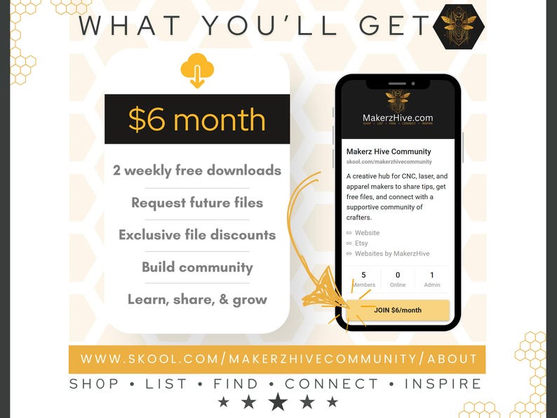 Pu&ograve; includere: Una grafica con uno sfondo a nido d'ape e testo che recita "What You'll Get". La grafica pubblicizza un abbonamento alla comunit&agrave; Makerz Hive per 6 &euro; al mese. I vantaggi includono due download gratuiti settimanali, la possibilit&agrave; di richiedere file futuri, sconti esclusivi sui file, la creazione di una comunit&agrave; e l'apprendimento, la condivisione e la crescita. La grafica include anche uno screenshot del sito web della comunit&agrave; Makerz Hive, che &egrave; un hub creativo per i produttori di CNC, laser e abbigliamento per condividere suggerimenti, ottenere file gratuiti e connettersi con una comunit&agrave; di supporto di artigiani.