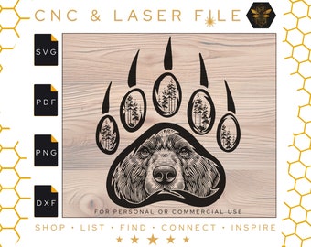Bear Paw Print with Bear and Forest Scene Svg File | Bear Nature SVG | Pine Trees Scene | Laser File | Bear Vector | Svg | Pdf | PNG | Dxf