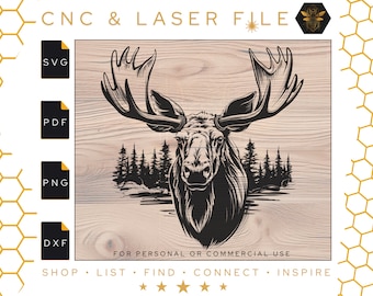 Moose Nature Vector File | Moose in Nature SVG | Moose Nature Scene File | Vector Laser File | Digital Art Engraving | Svg | Pdf | PNG | Dxf