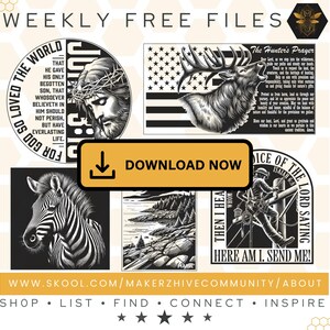 Pu&ograve; includere: Una pagina di download digitale per file stampabili gratuiti. La pagina presenta un'illustrazione in bianco e nero di una zebra, un cervo, un uomo con una corona di spine e un uomo che scala una scala. Il testo sulla pagina recita: "Weekly Free Files", "Download Now", "For God So Loved The World", "The Hunter's Prayer", "Voice of the Lord Saying", "Then I Hear", "Here Am I. Send Me!" e "www.skool.com/makerzhivecommunity/about".