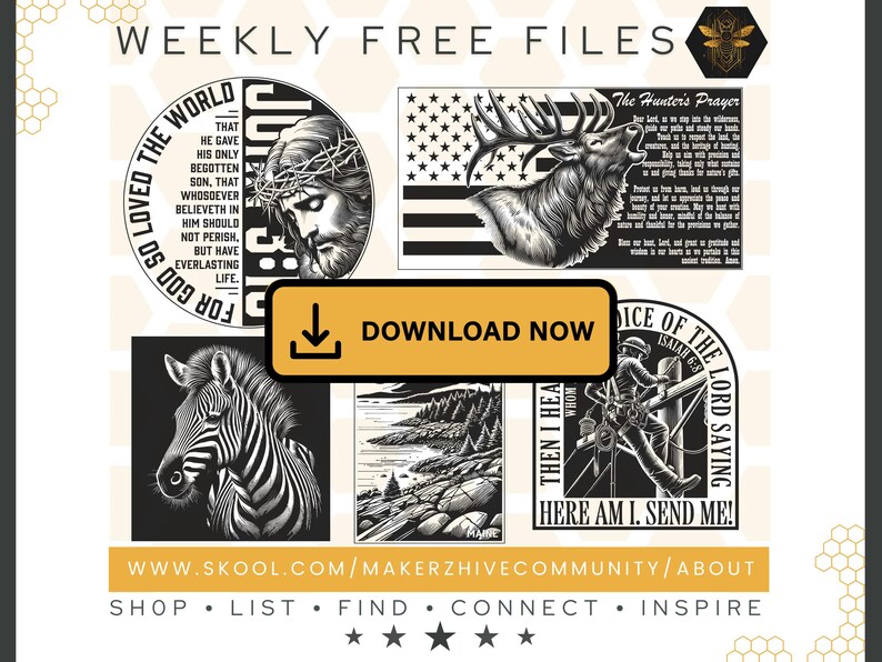 Pu&ograve; includere: Una pagina di download digitale per file stampabili gratuiti. La pagina presenta un'illustrazione in bianco e nero di una zebra, un cervo, un uomo con una corona di spine e un uomo che scala una scala. Il testo sulla pagina recita: "Weekly Free Files", "Download Now", "For God So Loved The World", "The Hunter's Prayer", "Voice of the Lord Saying", "Then I Hear", "Here Am I. Send Me!" e "www.skool.com/makerzhivecommunity/about".