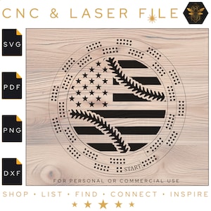 Op de afbeelding: Een zwart-wit ontwerp van een honkbal met een Amerikaanse vlag erin. Het ontwerp is in een cirkel met een gestippelde rand. De tekst "START" staat onderaan de cirkel. De tekst "FOR PERSONAL OR COMMERCIAL USE" staat onder de cirkel. De tekst "SHOP LIST FIND CONNECT INSPIRE" staat onderaan de afbeelding.