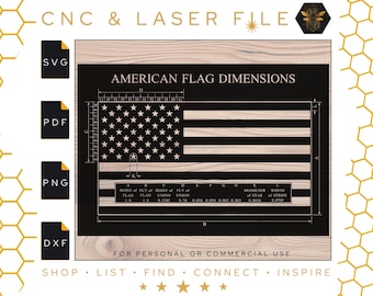 May include: A black and white diagram of an American flag with dimensions labeled in inches. The text "AMERICAN FLAG DIMENSIONS" is at the top of the diagram. The text "FOR PERSONAL OR COMMERCIAL USE" is at the bottom of the diagram.