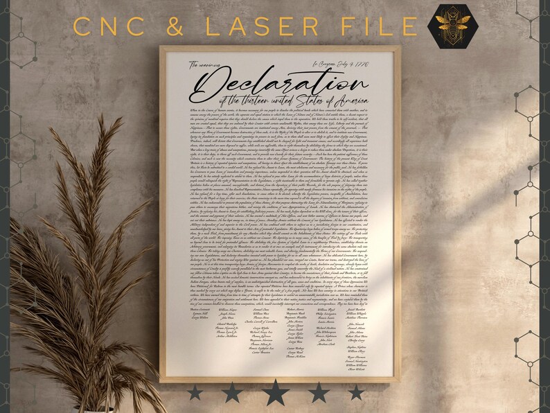May include: A black and white printable document of the Declaration of Independence of the United States of America. The document is framed in a light wood frame and is displayed against a beige wall.