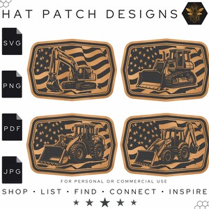 May include: Four brown patches with construction vehicle designs, set against a waving American flag background. The patches include an excavator, bulldozer, and two different types of backhoes. The text "HAT PATCH DESIGNS" is at the top, with file type icons and the text "FOR PERSONAL OR COMMERCIAL USE" at the bottom.