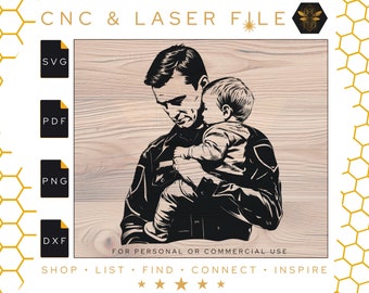 Police Officer Holding Child | Police Dad Holding Son | Law Enforcement SVG | Father&#39;s Day | Laser Engraving File | Svg | Pdf | PNG | DXF