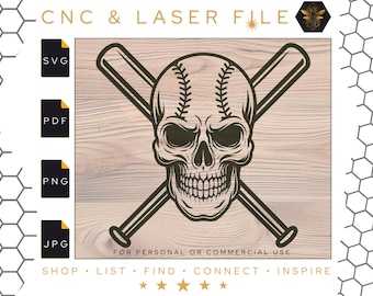 Baseball Skull and Crossed Bats SVG | Baseball Vector Art | Baseball Jolly Roger | Laser and CNC File | Sports Vectors | Svg | PDF | Dxf