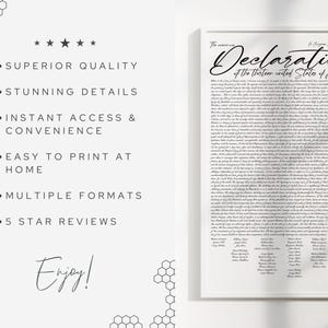 May include: A printable digital download of the Declaration of Independence, framed in a white frame. The text is in black and white, and the title is "The Unanimous Declaration of the thirteen united States of America".