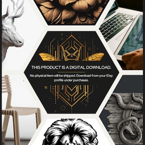 May include: A digital download graphic with a black background and gold accents. The graphic features a geometric design with a bee in the center. The text "THIS PRODUCT IS A DIGITAL DOWNLOAD. No physical item will be shipped. Download from your Etsy profile under purchases." is displayed in white text.