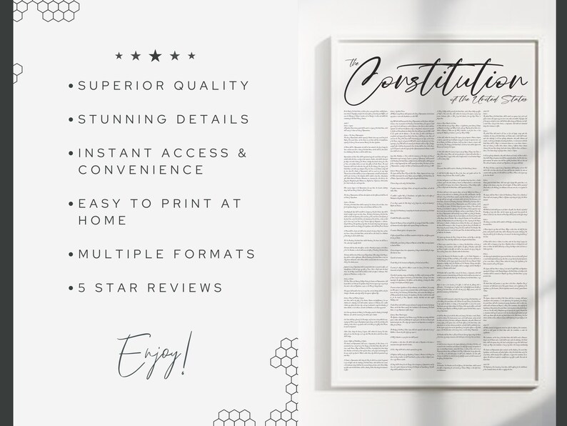 May include: A black and white printable poster of the United States Constitution. The poster features the text "The Constitution of the United States" at the top. The poster is framed in a white frame.