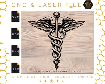May include: A black and white illustration of the Caduceus, a symbol associated with medicine and healing. The Caduceus features a staff with two snakes intertwined around it, with wings at the top.