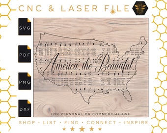 America, the Beautiful Song USA Shaped Svg | Patriotic Vector Files | America the Beautiful | Sea to Shining Sea | Sheet Music | PNG | PDF
