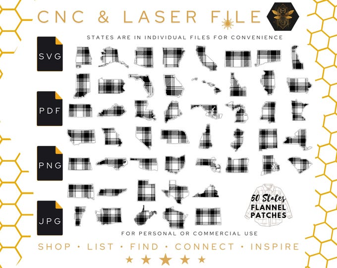 Featured listing image: 50 States Flannel Patches SVG | Flannel Style SVG Patches | Flannel Pattern | All 50 United States | Detailed State Shapes | Hat Patch Files