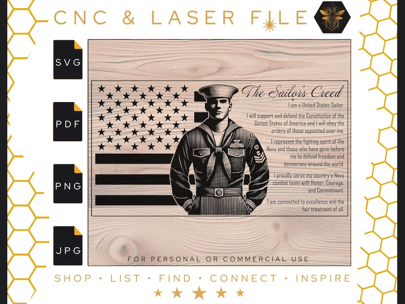 May include: A digital download of a wood-grain background with a black and white illustration of a sailor in uniform standing in front of an American flag. The text "The Sailor's Creed" is above the sailor and the creed is written below the sailor. The text "FOR PERSONAL OR COMMERCIAL USE" is at the bottom of the image.