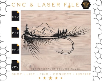 Fly Fishing Hook SVG File: Mountain Nature Scene Laser Cut Design (Digital Download)