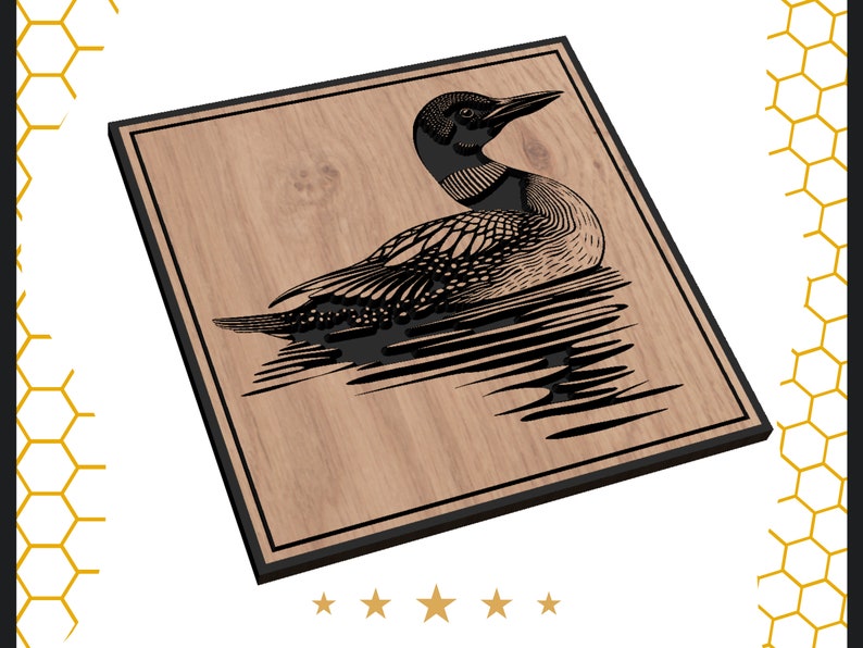 May include: A black and white illustration of a loon swimming on a wooden background. The loon is facing right and has a long, pointed beak. The water is depicted with wavy lines.