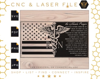 Bandera estadounidense con oración de enfermera Svg / Bandera estadounidense de enfermera registrada / Caduceo médico / Archivo de corte láser y CNC con bandera de enfermera / Archivo de oración de enfermera registrada