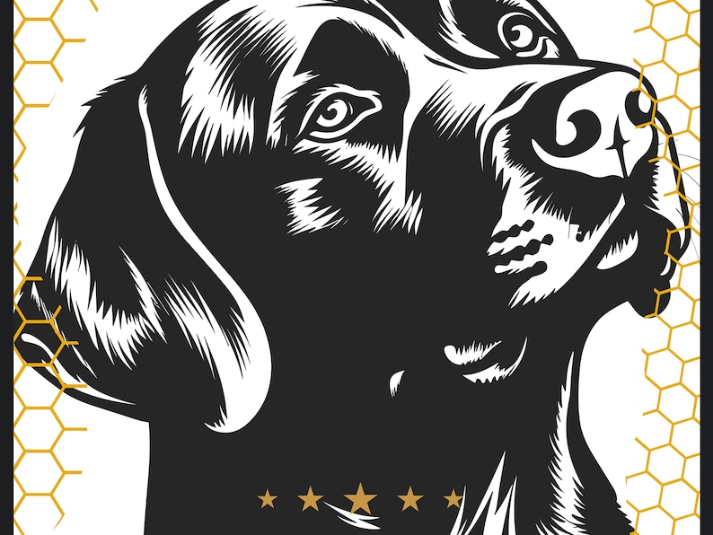May include: Black and white illustration of a Labrador Retriever dog's head, looking up with its mouth closed. The dog's fur is detailed with lines and the background is a pattern of yellow hexagons.