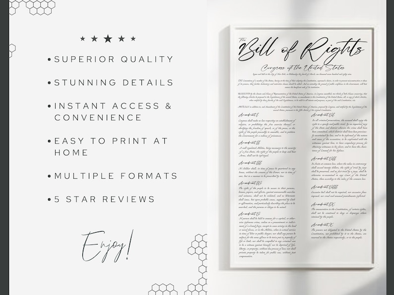 May include: A printable digital download of the Bill of Rights, a document outlining the fundamental rights of US citizens. The text is in black calligraphy on a white background with a white frame.