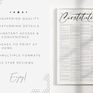 Op de afbeelding: Een zwart-witte, printbare poster van de Amerikaanse Grondwet. De poster heeft de tekst "The Constitution of the United States" bovenaan. De poster is ingelijst in een wit frame.