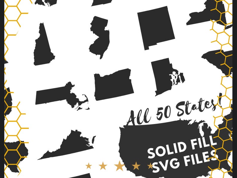 May include: Black and white silhouette outlines of all 50 US states. The text "All 50 States!" and "Solid Fill SVG Files" is included in the image.