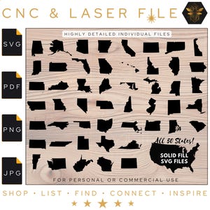 All 50 States Detailed SVG Files + USA Shaped SVG | United States Shapes | Solid Fill | All 50 United States | Detailed States | Png | Pdf