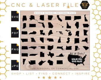 All 50 States Detailed SVG Files + USA Shaped SVG | United States Shapes | Solid Fill | All 50 United States | Detailed States | Png | Pdf