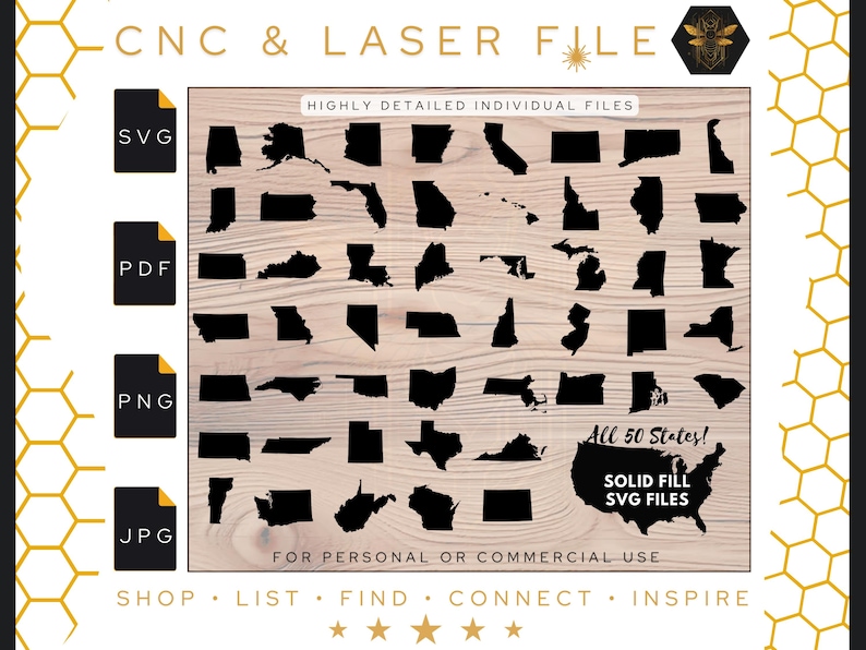 May include: A digital download of SVG files for all 50 US states. The files are solid fill and can be used for personal or commercial use. The image shows a wood background with the states outlined in black.