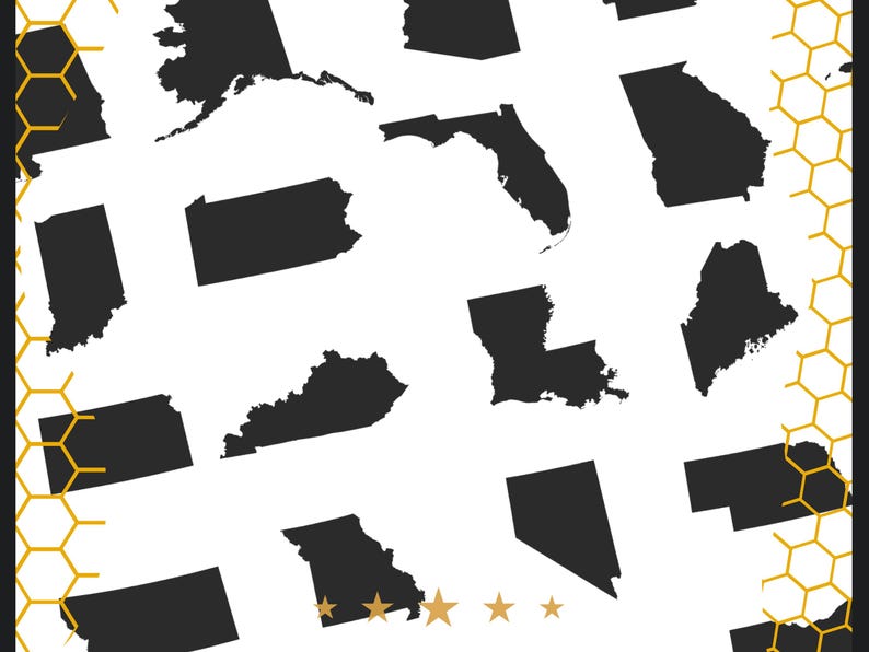 May include: Black and white silhouette outlines of the United States of America. Each state is shown individually, with no borders or other markings.