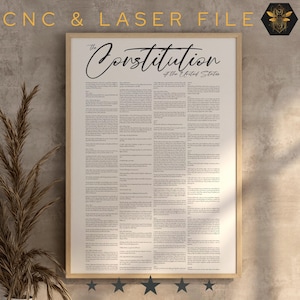 Op de afbeelding: Een zwart-witafdruk van de Amerikaanse Grondwet, ingelijst in een licht houten lijst. De titel "The Constitution of the United States" staat bovenaan het document.