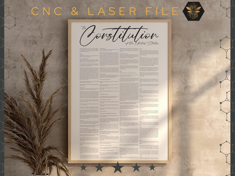 Op de afbeelding: Een zwart-witafdruk van de Amerikaanse Grondwet, ingelijst in een licht houten lijst. De titel "The Constitution of the United States" staat bovenaan het document.