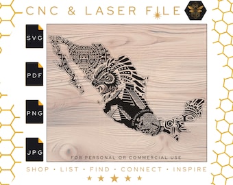 Mexico Symbols Map SVG | Mexico SVG | Aztec and Mayan Symbols | Aztec Pyramids Laser File | Mexican Symbols | Mexico Art | Aztec Calendar