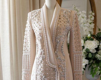 Champagne Pearl Embellished Blazer Dress – Handcrafted Beaded Jacket, Bridal Party Wear