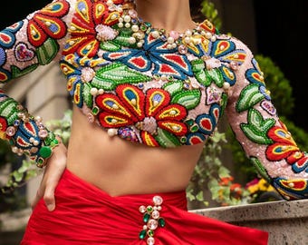 Hand-Embroidered Floral Beaded Blouse Red Draped Skirt Set – Indo-Western Outfit