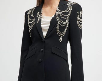 Black Embellished Blazer Dress Set | Crystal Chain Shoulder Embroidery Formal Suit