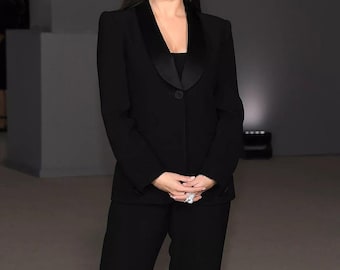 Black Tailored Blazer Suit | Satin Lapel Formal Pantsuit, Minimal Elegant Co-Ord