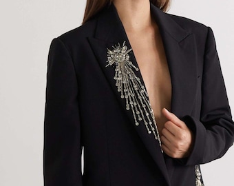 Black Crystal Embellished Pantsuit, Blazer, and Wide Leg Pants Set