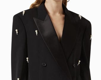 Black Pearl Embellished Double-Breasted Blazer | Satin Lapel Formal Jacket for Women