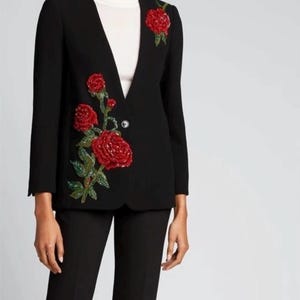 Women&#39;s Custom Made Black Cotton Blazer – Rose Motif Embroidery | Tailored Party Wear Suiting Jacket | Elegant Formal Outfit