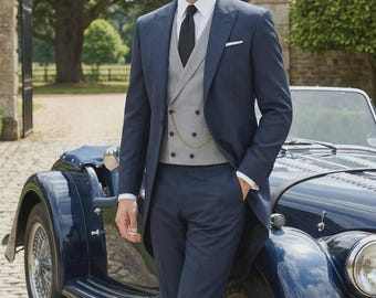 Navy Blue Tailcoat Suit – Grey Double-Breasted Waistcoat, Formal Wedding Attire
