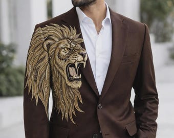 Brown Embroidered Lion Blazer – Gold Motif Statement Suit Jacket.