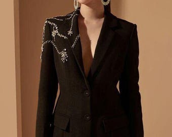 Black Crystal Embellished Blazer Pant Suit – Formal Evening Power Set