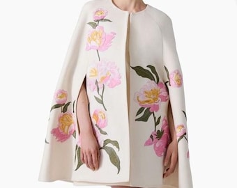 Cream Floral Cape Dress, Embroidered Mini Outfit, Elegant Party Wear