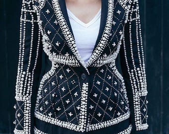 Black Rhinestone Embellished Blazer, Crystal Studded Statement Jacket, Evening Party Wear