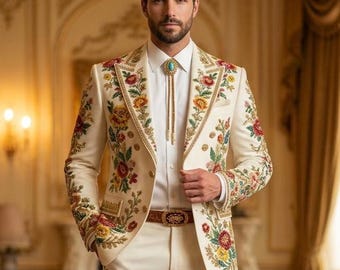 Ivory Floral Embroidered Men's Suit – Designer Wedding Tuxedo, Royal Groom Formalwear