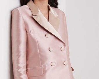 Blush Pink Satin Suit Women | Double-Breasted Blazer, Slim Trousers | Formal Party Wear