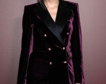 Luxury Plum Velvet Double-Breasted Blazer Suit for Women – Tailored Evening Power Set