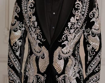 Black Embroidered Men's Suit | Silver Baroque Pattern Tuxedo, Groom Wedding Outfit