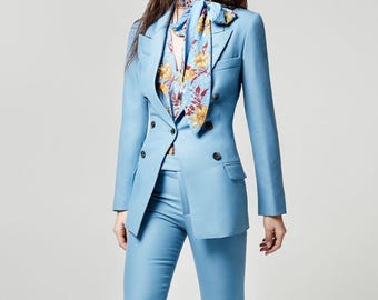 Powder Blue 70s Inspired Suit Set | Floral Tie-Neck Blouse, Flared Pants