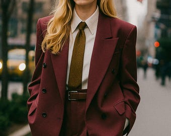 Burgundy Oversized Double-Breasted Blazer Wide Leg Trousers Set – Vintage Inspired Power Suit